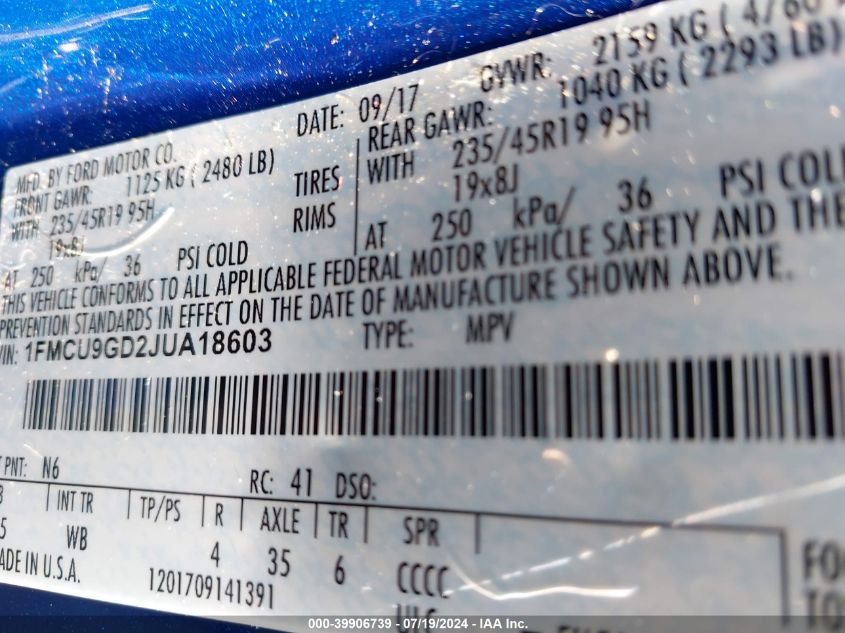 2018 Ford Escape Se VIN: 1FMCU9GD2JUA18603 Lot: 39906739