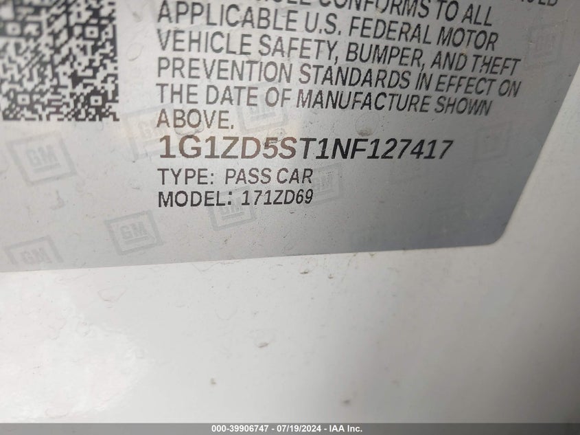 2022 Chevrolet Malibu Fwd Lt VIN: 1G1ZD5ST1NF127417 Lot: 39906747