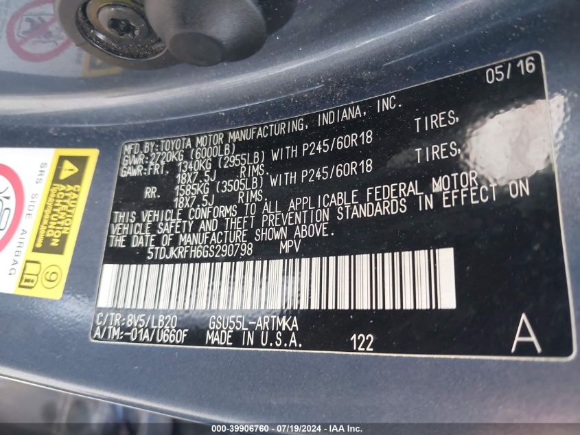 2016 Toyota Highlander Xle VIN: 5TDJKRFH6GS290798 Lot: 39906760