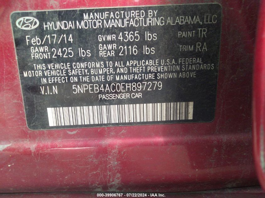 2014 Hyundai Sonata Gls VIN: 5NPEB4AC0EH897279 Lot: 39906767