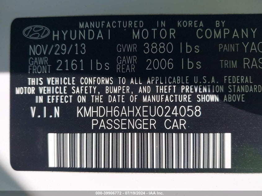 2014 Hyundai Elantra VIN: KMHDH6AHXEU024058 Lot: 39906772