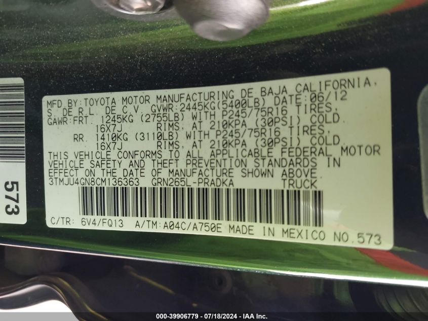 2012 Toyota Tacoma Prerunner V6 VIN: 3TMJU4GN8CM136363 Lot: 39906779