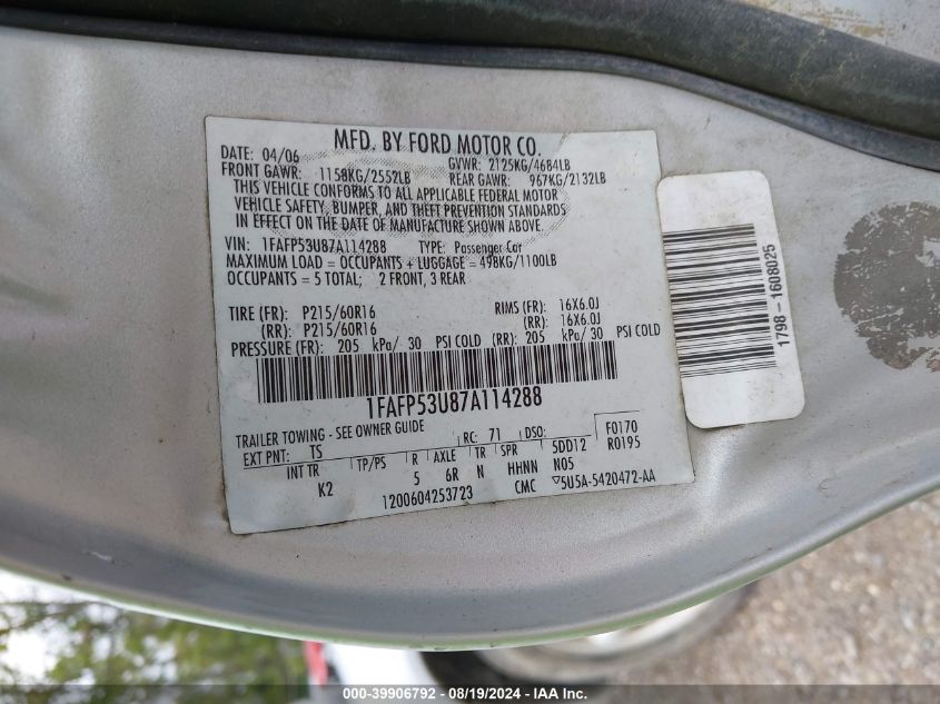 2007 Ford Taurus Se VIN: 1FAFP53U87A114288 Lot: 39906792