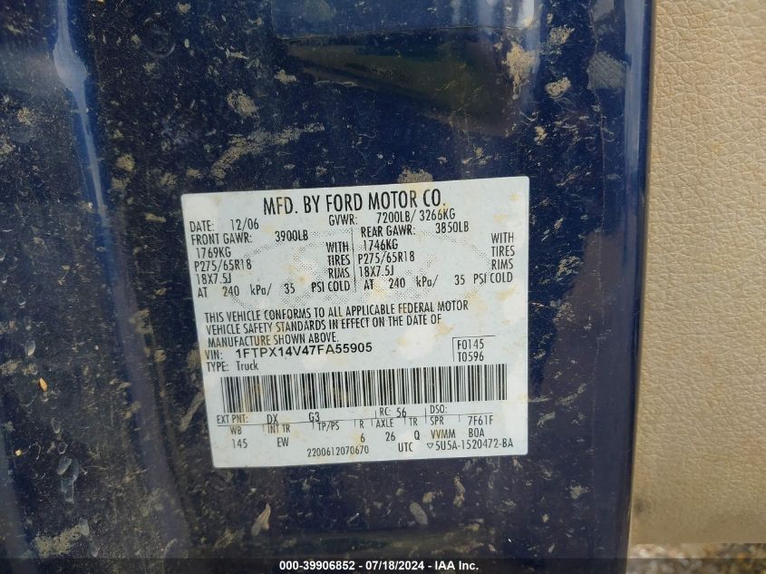 2007 Ford F-150 Fx4/Lariat/Xl/Xlt VIN: 1FTPX14V47FA55905 Lot: 39906852