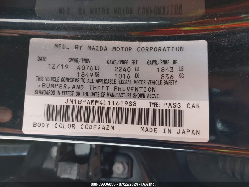 2020 Mazda Mazda3 Preferred Package VIN: JM1BPAMM4L1161988 Lot: 39906855