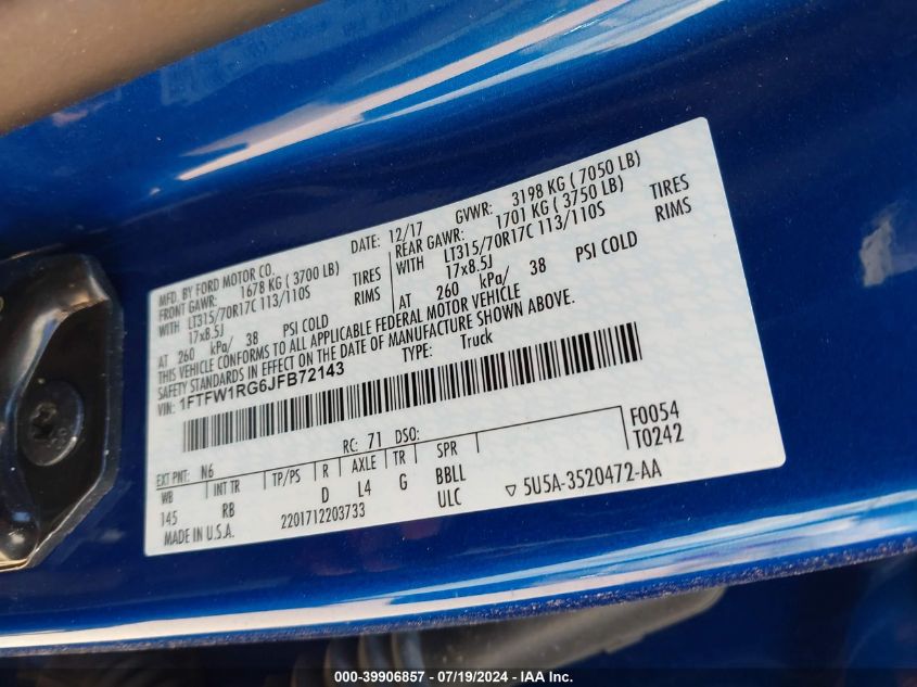 2018 Ford F-150 Raptor VIN: 1FTFW1RG6JFB72143 Lot: 39906857