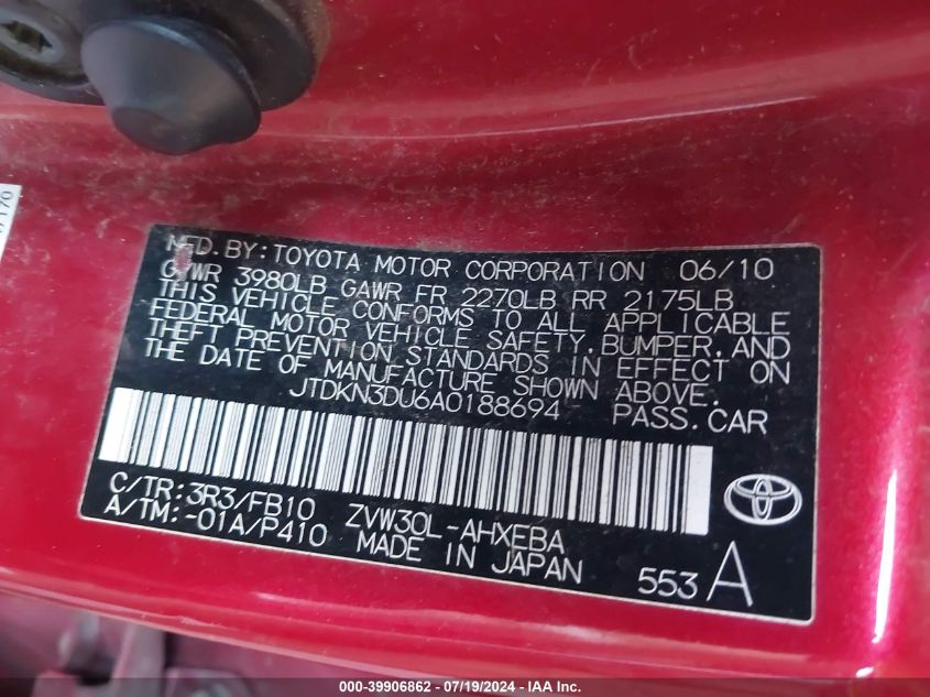 2010 Toyota Prius Iii VIN: JTDKN3DU6A0188694 Lot: 39906862