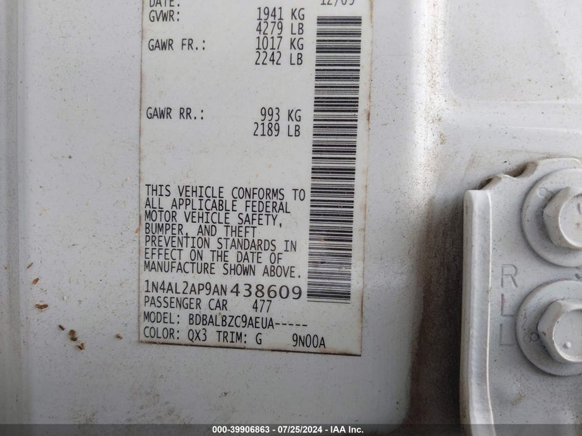 2010 Nissan Altima 2.5 S VIN: 1N4AL2AP9AN438609 Lot: 39906863