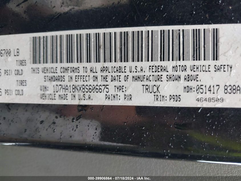 2008 Dodge Ram 1500 Slt VIN: 1D7HA18NX8S606675 Lot: 39906864