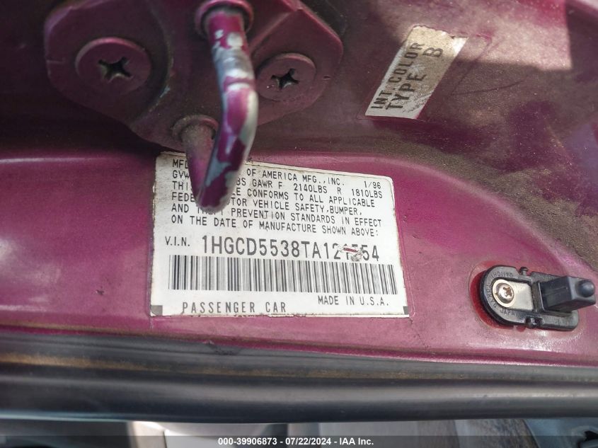 1996 Honda Accord Lx/Ex VIN: 1HGCD5538TA121554 Lot: 39906873
