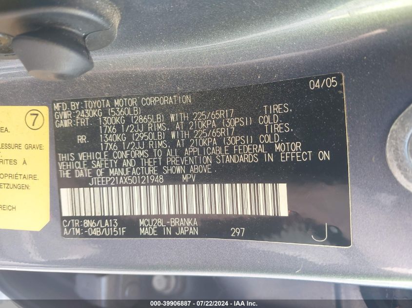 2005 Toyota Highlander Limited V6 VIN: JTEEP21AX50121948 Lot: 39906887