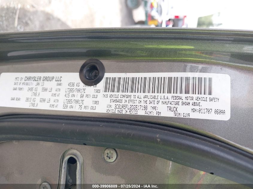 2013 Ram 2500 Laramie VIN: 3C6UR5FL2DG517198 Lot: 39906889