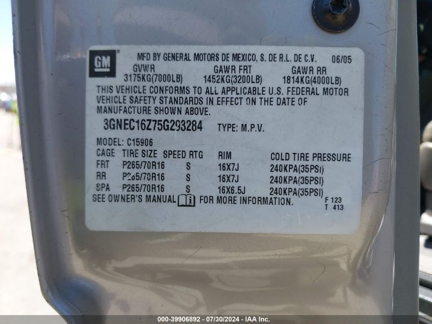 2005 Chevrolet Suburban 1500 Ls VIN: 3GNEC16Z75G293284 Lot: 39906892