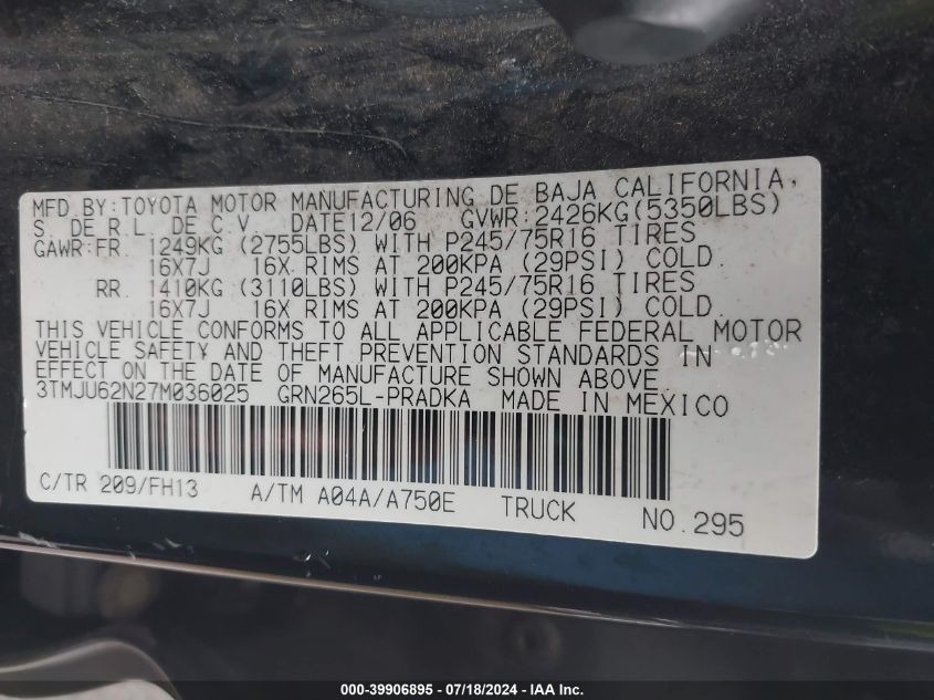 2007 Toyota Tacoma Prerunner V6 VIN: 3TMJU62N27M036025 Lot: 39906895