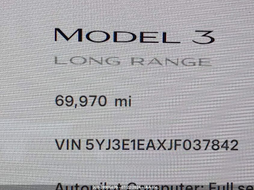 2018 Tesla Model 3 Long Range/Mid Range VIN: 5YJ3E1EAXJF037842 Lot: 39906899