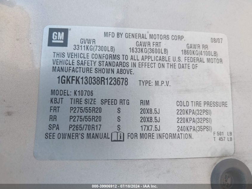 2008 GMC Yukon Slt VIN: 1GKFK13038R123678 Lot: 39906912