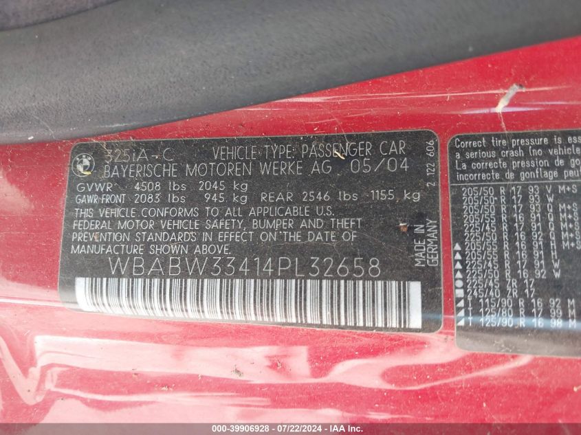 2004 BMW 325Ci VIN: WBABW33414PL32658 Lot: 39906928