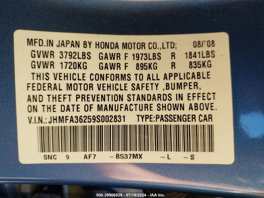 2009 Honda Civic Hybrid VIN: JHMFA36259S002831 Lot: 39906929