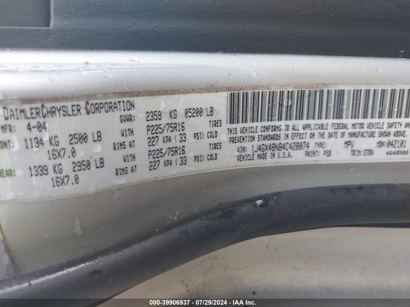 2004 Jeep Grand Cherokee Laredo VIN: 1J4GX48N84C428074 Lot: 39906937