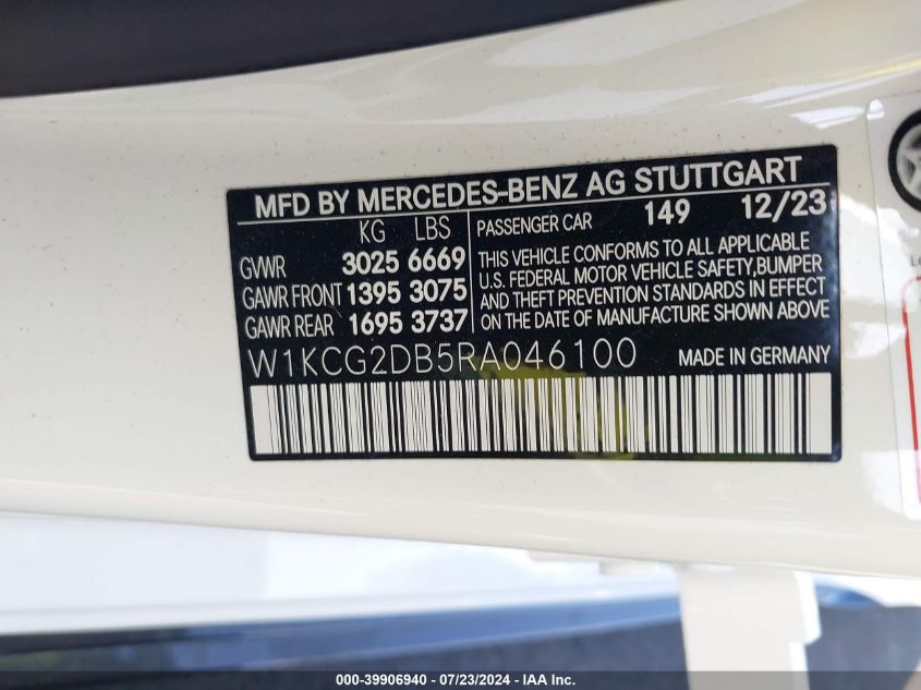 2024 Mercedes-Benz Eqs 450+ VIN: W1KCG2DB5RA046100 Lot: 39906940