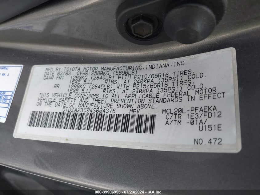 2004 Toyota Sienna Ce/Le VIN: 5TDZA23C04S004378 Lot: 39906955