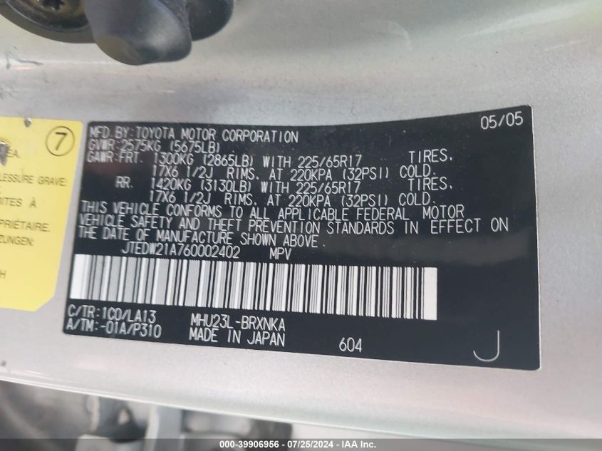 2006 Toyota Highlander Hybrid Limited V6 VIN: JTEDW21A760002402 Lot: 39906956