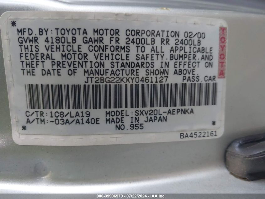 2000 Toyota Camry Le VIN: JT2BG22KXY0461127 Lot: 39906970