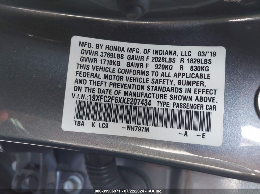 2019 Honda Civic Lx VIN: 19XFC2F6XKE207434 Lot: 39906971