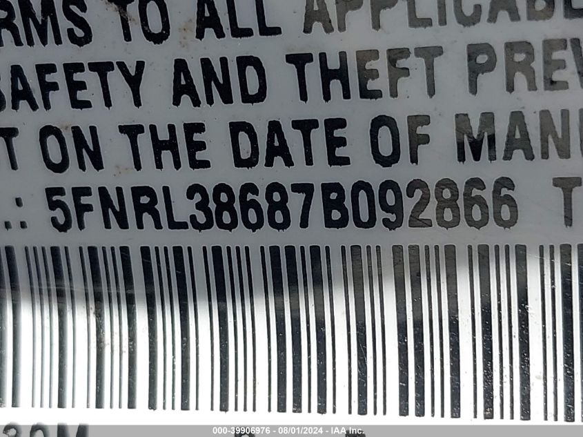 2007 Honda Odyssey Ex-L VIN: 5FNRL38687B092866 Lot: 39906976