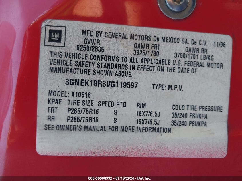 1997 Chevrolet Tahoe VIN: 3GNEK18R3VG119597 Lot: 39906992