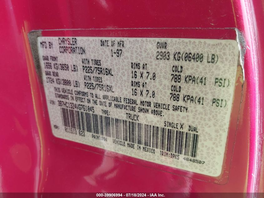 1997 Dodge Ram 1500 St VIN: 3B7HC13Z4VG761045 Lot: 39906994
