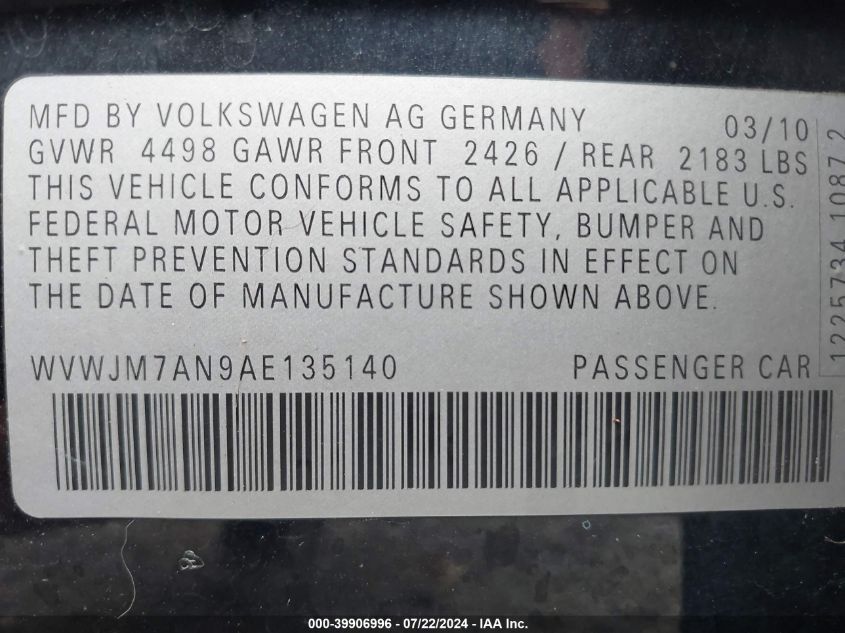 2010 Volkswagen Passat Komfort VIN: WVWJM7AN9AE135140 Lot: 39906996