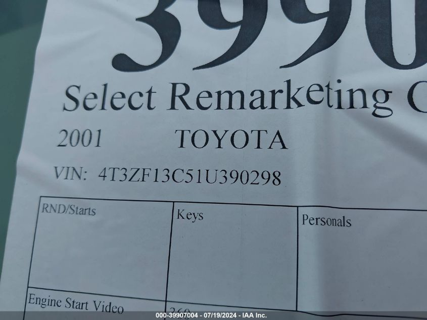 2001 Toyota Sienna Le VIN: 4T3ZF13C51U390298 Lot: 39907004