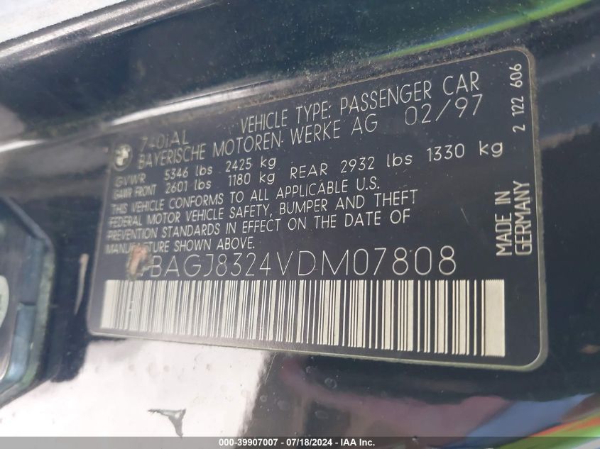 1997 BMW 740 Il VIN: WBAGJ8324VDM07808 Lot: 39907007