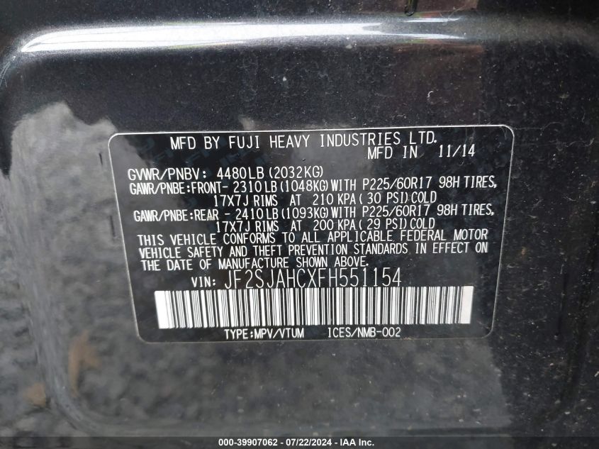 2015 Subaru Forester 2.5I Limited VIN: JF2SJAHCXFH551154 Lot: 39907062