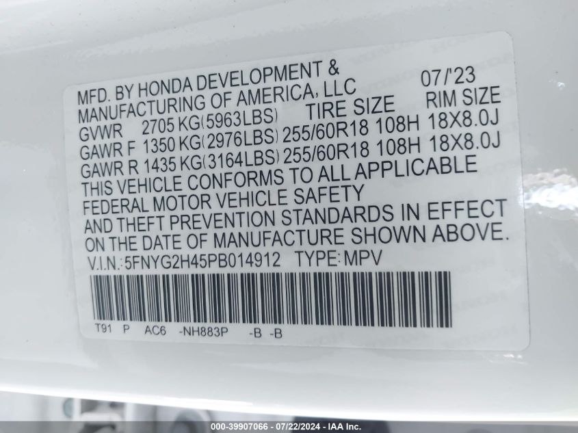 2023 Honda Pilot 2Wd Ex-L 8 Passenger VIN: 5FNYG2H45PB014912 Lot: 39907066