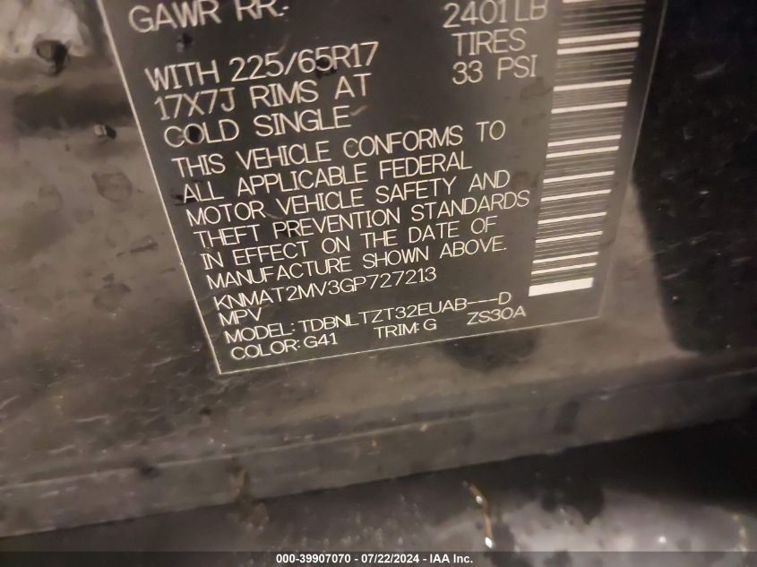 2016 Nissan Rogue Sv VIN: KNMAT2MV3GP727213 Lot: 39907070