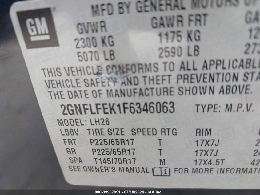 2015 Chevrolet Equinox 1Lt VIN: 2GNFLFEK1F6346063 Lot: 39907091