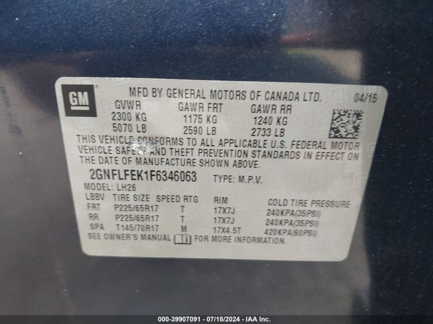 2015 Chevrolet Equinox 1Lt VIN: 2GNFLFEK1F6346063 Lot: 39907091