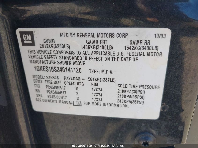 2004 GMC Envoy Xl Sle VIN: 1GKES16S346141120 Lot: 39907100