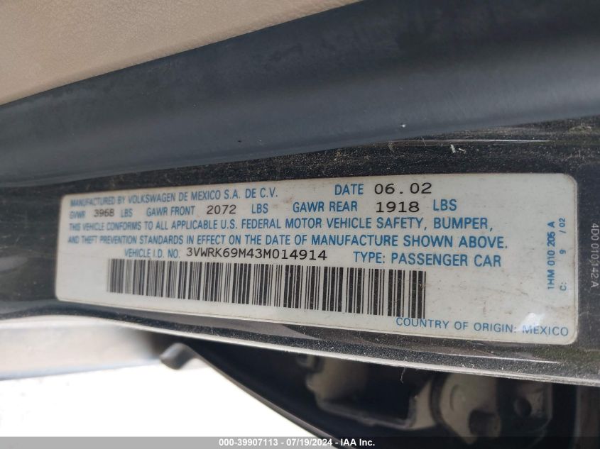 2003 Volkswagen Jetta Gl VIN: 3VWRK69M43M014914 Lot: 39907113