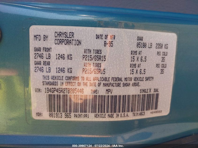 1996 Dodge Caravan Se/Sport VIN: 1B4GP45R2TB205446 Lot: 39907124