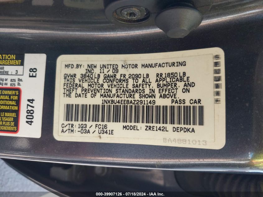 2010 Toyota Corolla Le VIN: 1NXBU4EE8AZ291149 Lot: 39907126