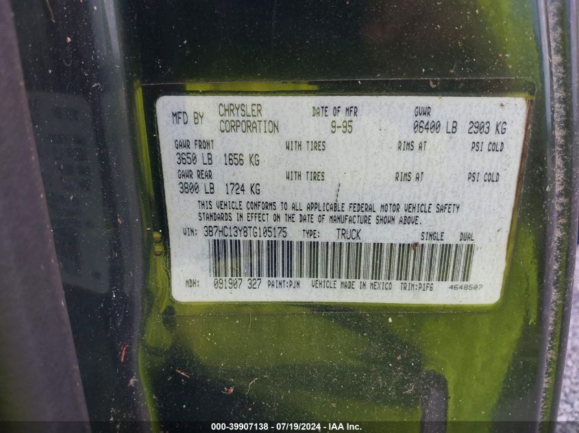 1996 Dodge Ram 1500 VIN: 3B7HC13Y8TG105175 Lot: 39907138