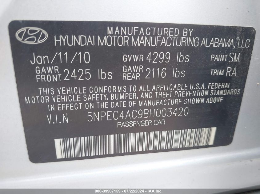 2011 Hyundai Sonata Se VIN: 5NPEC4AC9BH003420 Lot: 39907159