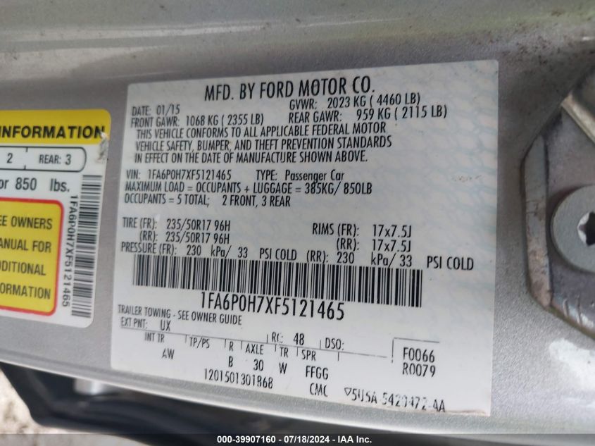 1FA6P0H7XF5121465 | 2015 FORD FUSION