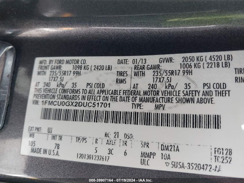 2013 Ford Escape Se VIN: 1FMCU0GX2DUC51701 Lot: 39907164