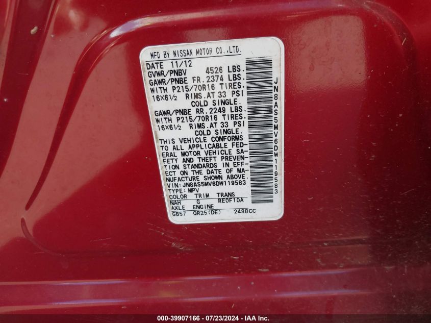 2013 Nissan Rogue S VIN: JN8AS5MV6DW119583 Lot: 39907166