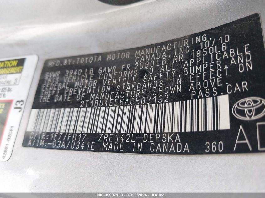2010 Toyota Corolla S VIN: 2T1BU4EE6AC503192 Lot: 39907168