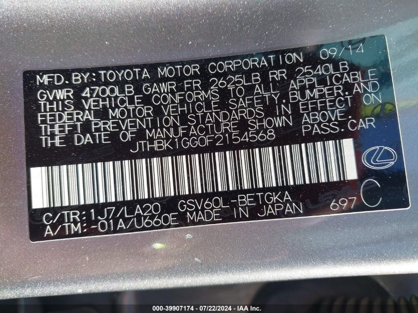 2015 Lexus Es 350 VIN: JTHBK1GG0F2154568 Lot: 39907174